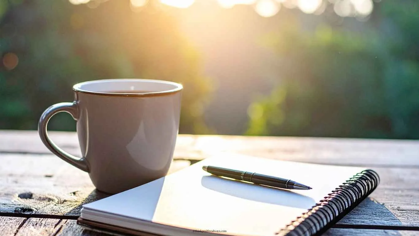 A gratitude journal and pen on a bedside table in soft morning light.
